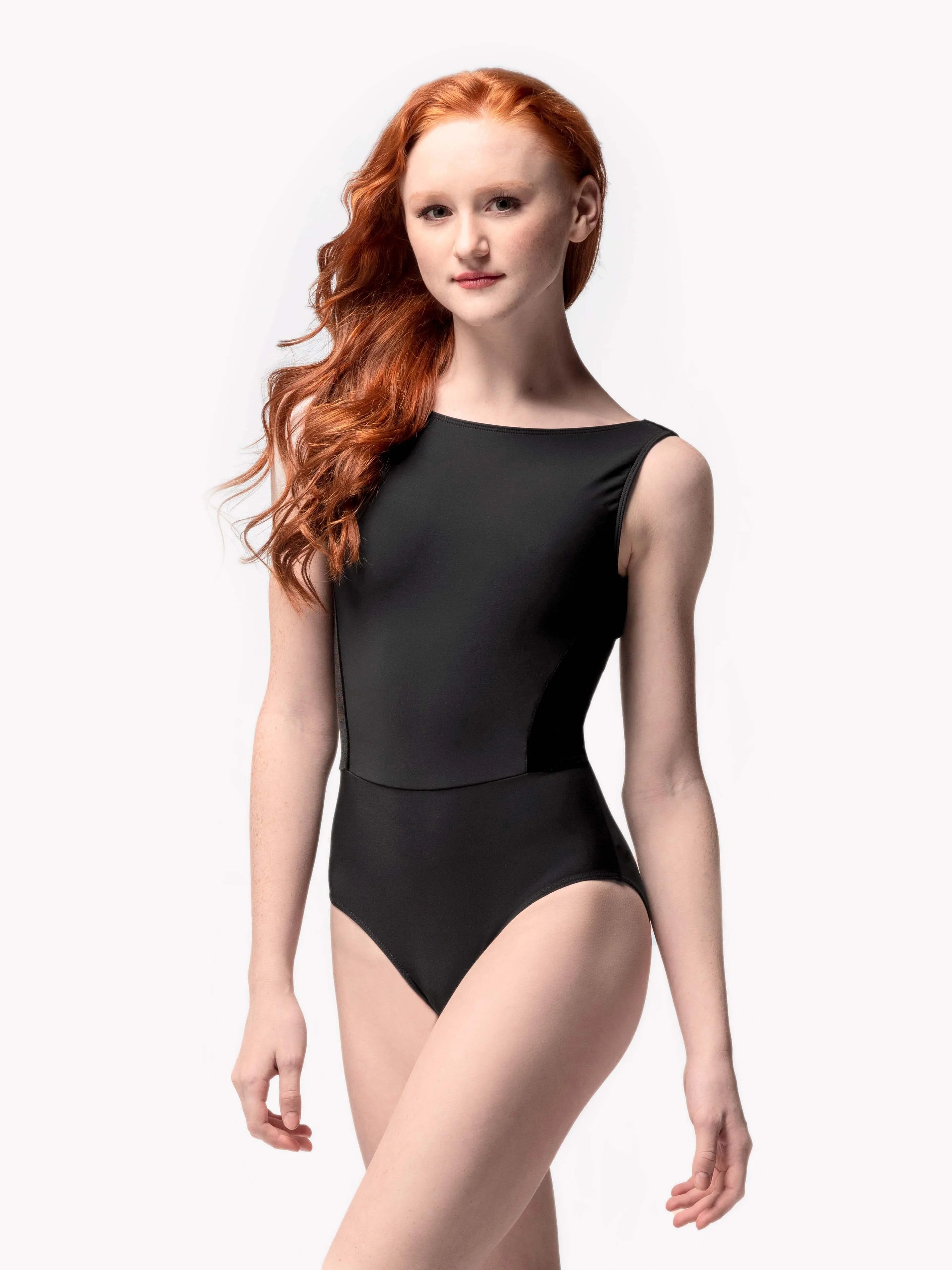 Allison Classic Boat Neck Velvet Wrap Back Panel Leotard  Children's & Adult - Black
