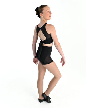 Young dancer wearing the Aura tie back dance crop top in Black, alternate view