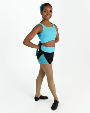 Young dancer wearing the Aura tie back dance crop top in Lagoon