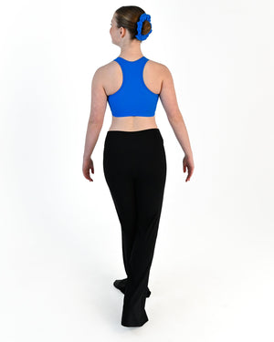 Young dancer wearing the Avery racerback dance crop top in Electric Blue, alternate view