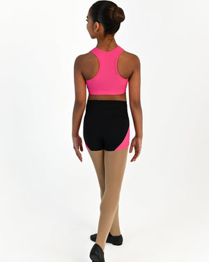 Young dancer wearing the Avery racerback dance crop top in Hot Pink, alternate view