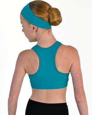 Young dancer wearing the Avery racerback dance crop top in Jade, alternate view