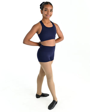 Young dancer wearing the Avery racerback dance crop top in Navy