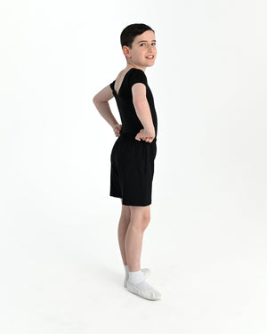 Young dancer wearing the Essential Boys Short Sleeve Leotard in Black, alternate view