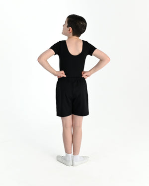 Young dancer wearing the Essential Boys Short Sleeve Leotard in Black, alternate view