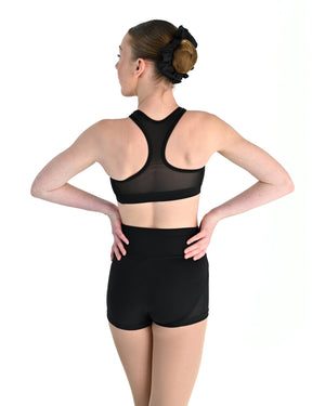 Young dancer wearing the Electra crossover racerback dance crop top in Black, alternate view