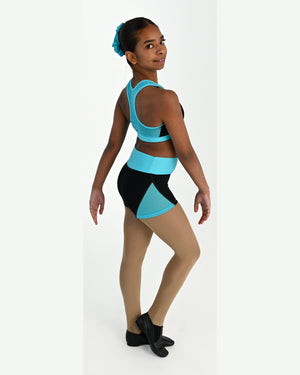 Young dancer wearing the Electra crossover racerback dance crop top in Lagoon, alternate view