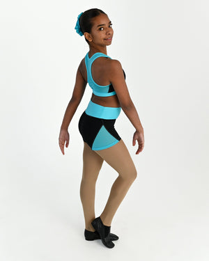 Young dancer wearing the Electra mesh panel high waisted dance shorts in Lagoon, alternate view