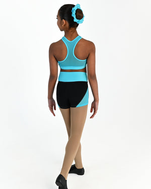 Young dancer wearing the Electra mesh panel high waisted dance shorts in Lagoon, alternate view
