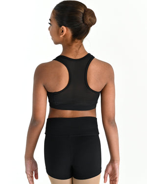 Young dancer wearing the Onyx power mesh racerback dance crop top in Black, alternate view