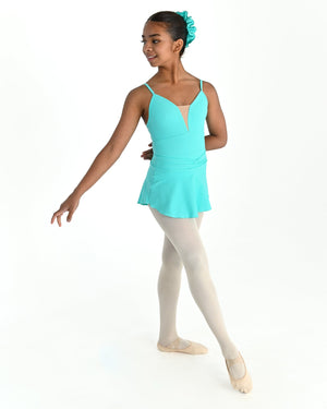 Young dancer wearing the Prima high low pull on ballet skirt in Mint