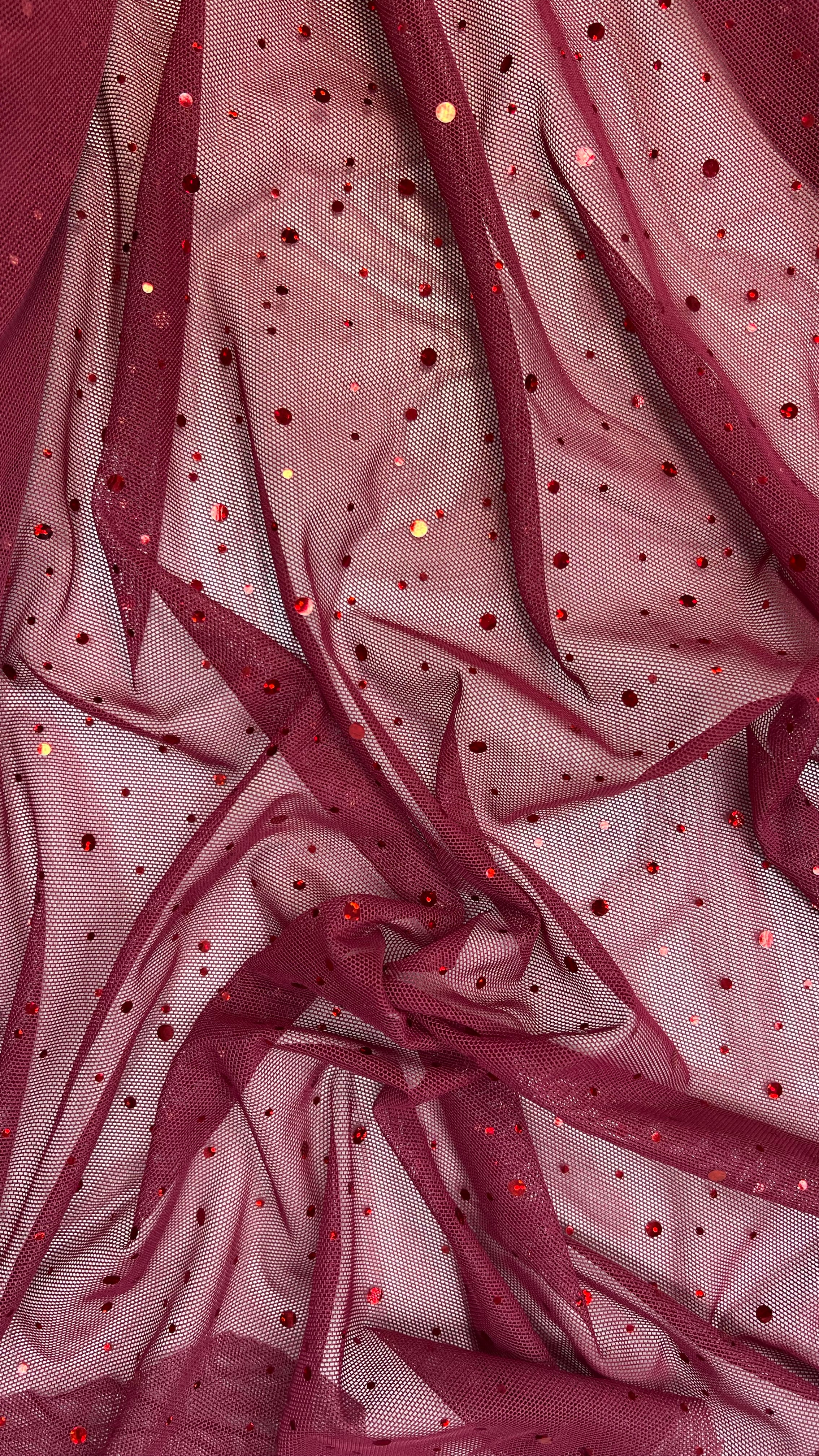 Stretch Mesh with Hologram Sequins - Burgandy