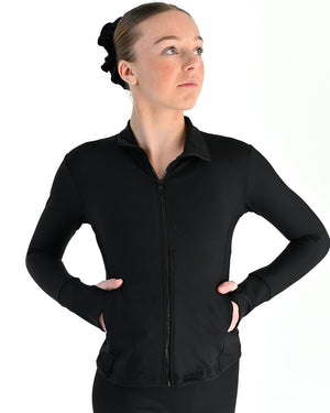Young dancer wearing the Academy fitted zip front warm up dance jacket in Black, alternate view