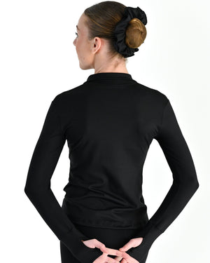 Young dancer wearing the Academy fitted zip front warm up dance jacket in Black, alternate view