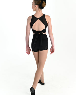 Young dancer wearing the Aura tie back dance crop top in Black, alternate view