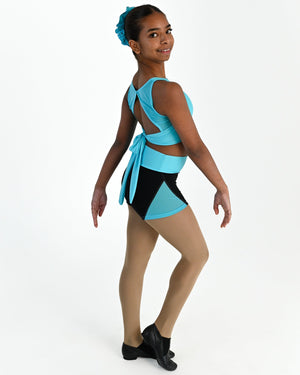 Young dancer wearing the Aura tie back dance crop top in Lagoon, alternate view