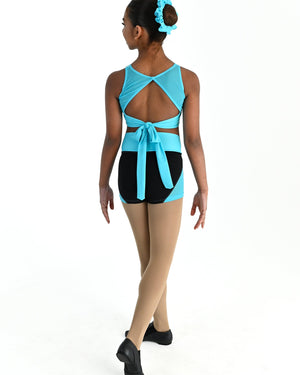 Young dancer wearing the Aura tie back dance crop top in Lagoon, alternate view
