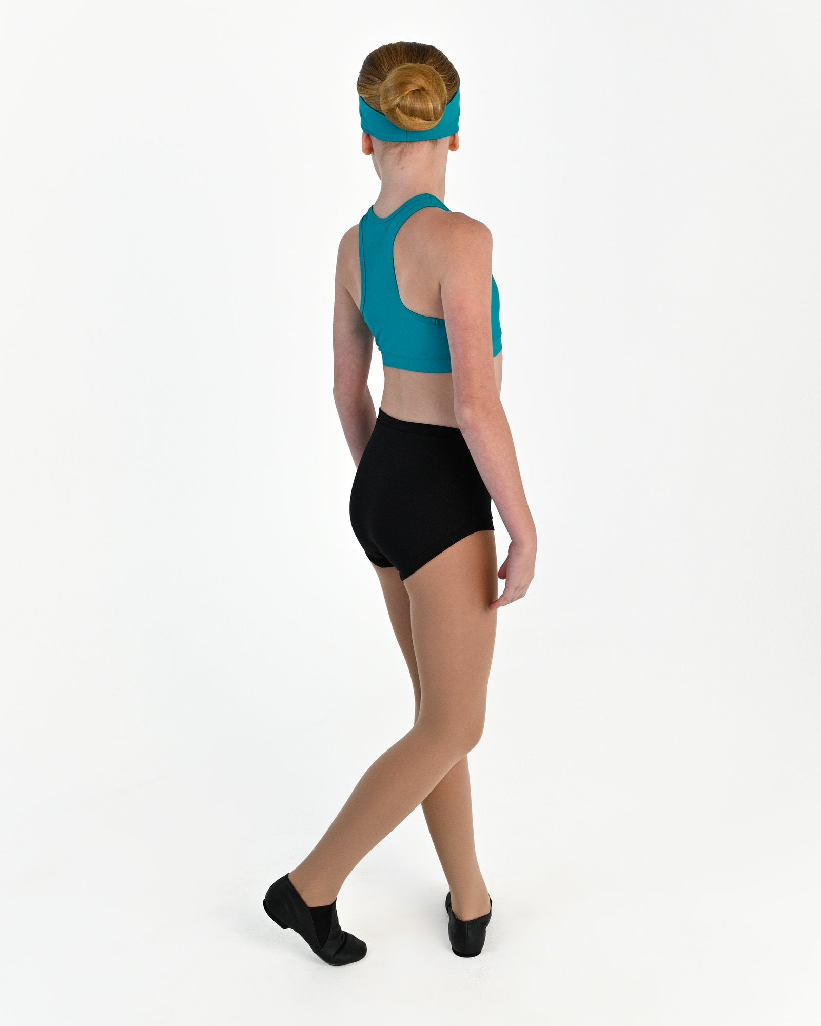 Young dancer wearing the Avery racerback dance crop top in Jade, alternate view
