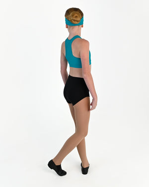Young dancer wearing the Avery racerback dance crop top in Jade, alternate view