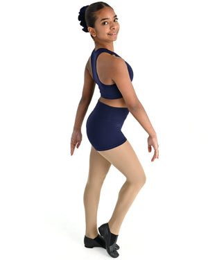 Young dancer wearing the Avery racerback dance crop top in Navy, alternate view