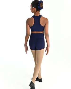 Young dancer wearing the Avery racerback dance crop top in Navy, alternate view