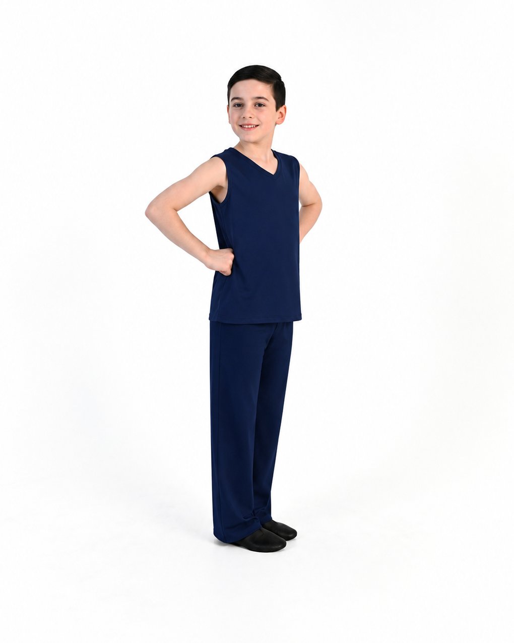 Young dancer wearing the Essential Boys Straight Leg Dance Pant in Navy, alternate view