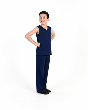 Young dancer wearing the Essential Boys Straight Leg Dance Pant in Navy, alternate view