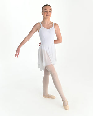 Young dancer wearing the Celeste high low stretch mesh ballet skirt in White