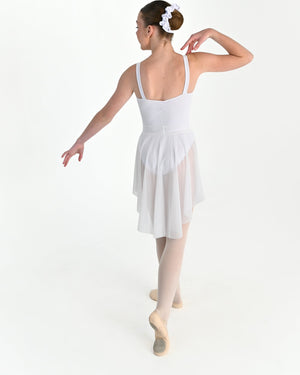 Young dancer wearing the Celeste high low stretch mesh ballet skirt in White, alternate view