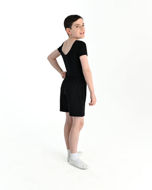 Young dancer wearing the Essential Boys Short Sleeve Leotard in Black, alternate view