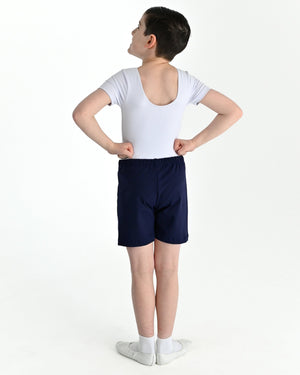 Young dancer wearing the Essential Boys Short Sleeve Leotard in White, alternate view