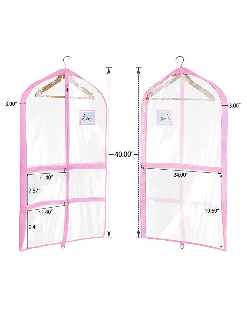Clear garment bag showing zippered accessory pockets and ID card holder