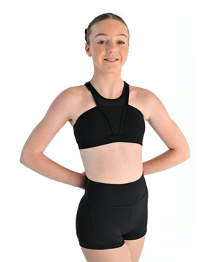 Young dancer wearing the Electra crossover racerback dance crop top in Black