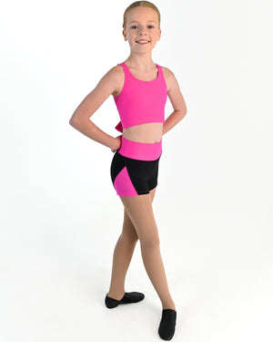 Young dancer wearing the Electra mesh panel high waisted dance shorts in Electric Pink