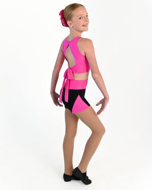 Young dancer wearing the Electra mesh panel high waisted dance shorts in Electric Pink, alternate view