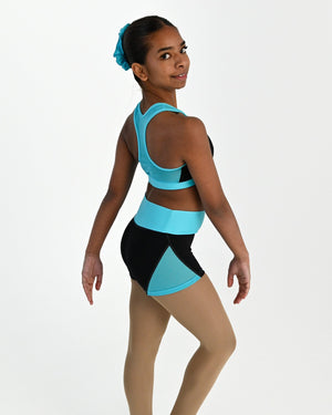 Young dancer wearing the Electra mesh panel high waisted dance shorts in Lagoon, alternate view
