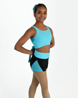 Young dancer wearing the Electra mesh panel high waisted dance shorts in Lagoon, alternate view