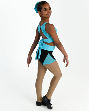 Young dancer wearing the Electra mesh panel high waisted dance shorts in Lagoon, alternate view