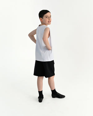 Young dancer wearing the Essential Boys Casual Dance Shorts in Black, alternate view