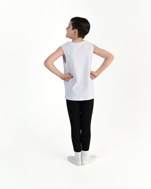Young dancer wearing the Essential Boys Dance Tank in White, alternate view