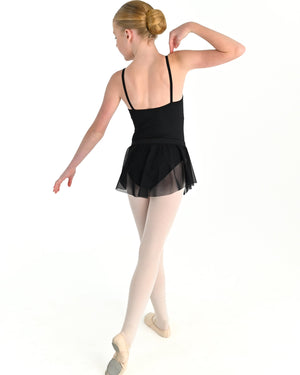 Young dancer wearing the Estelle stretch mesh pull on ballet skirt in Black, alternate view