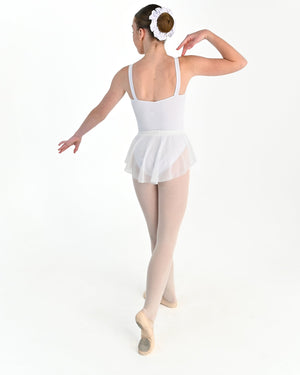 Young dancer wearing the Estelle stretch mesh pull on ballet skirt in White, alternate view