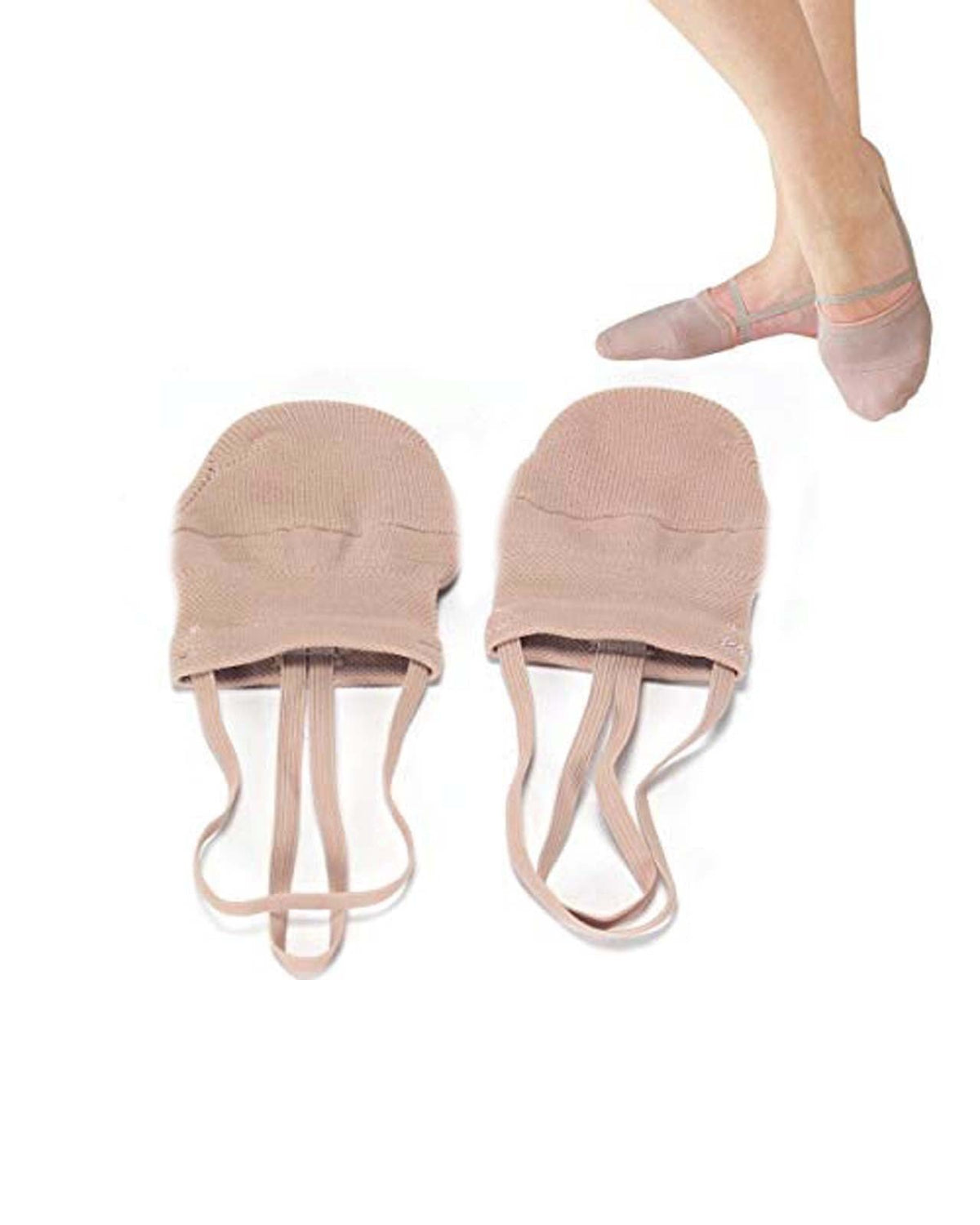 Gymnastics toe socks in nude, shown flat and worn on the foot