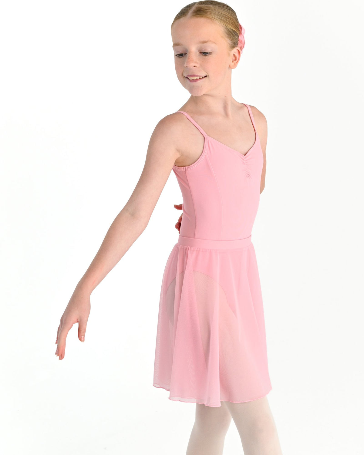 Young dancer wearing the Julietta Chiffon Circle Skirt in Pink