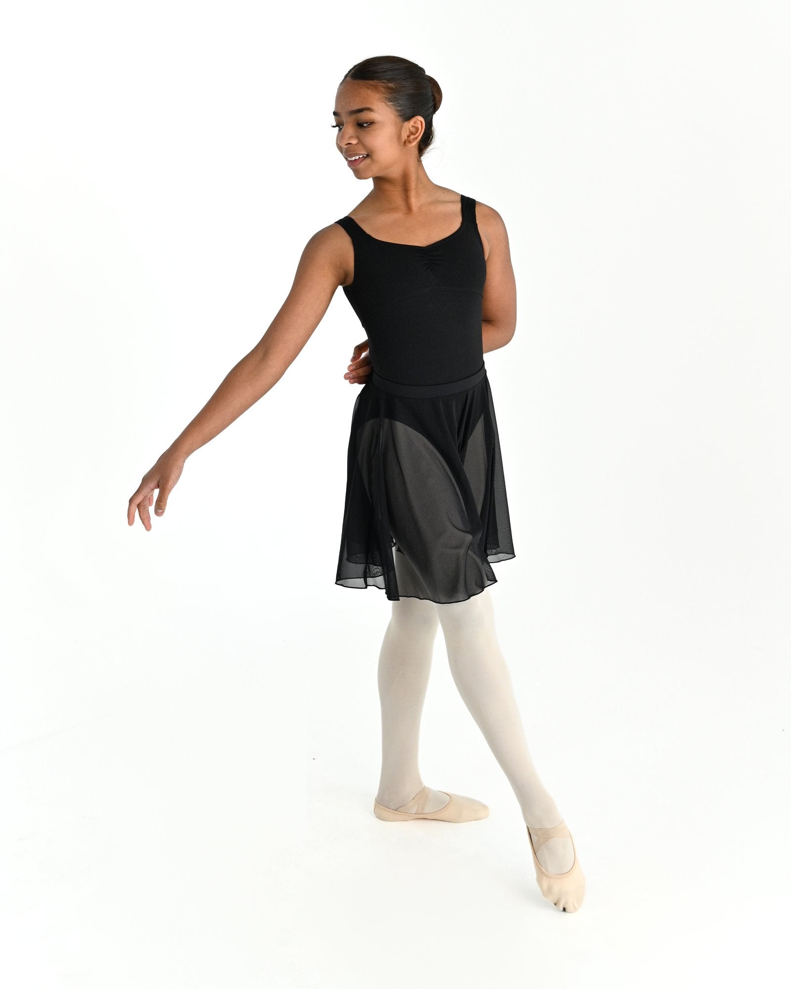 Young dancer wearing the Julietta Chiffon Circle Skirt in Black, alternate view