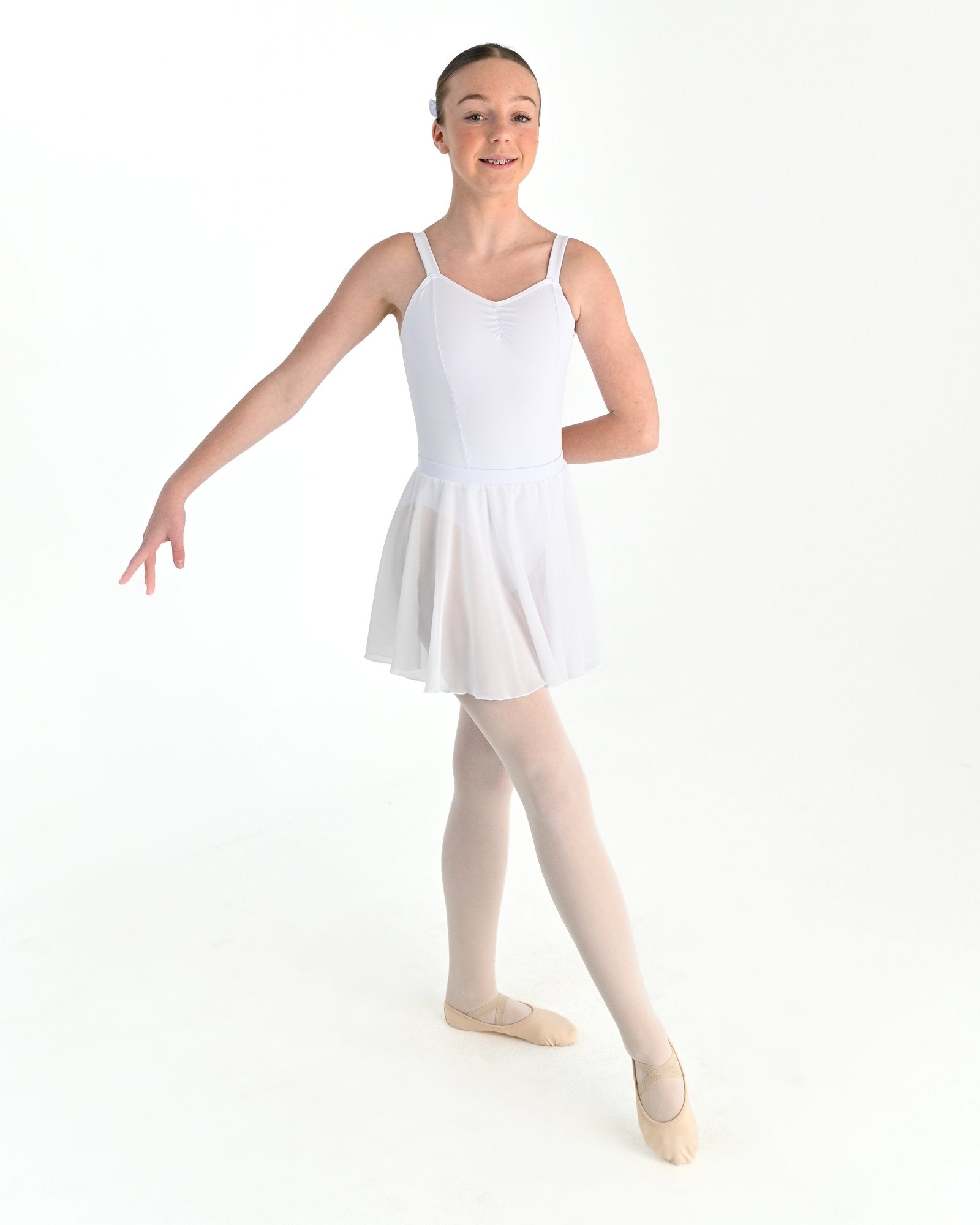 Young dancer wearing the Julietta Chiffon Circle Skirt in White
