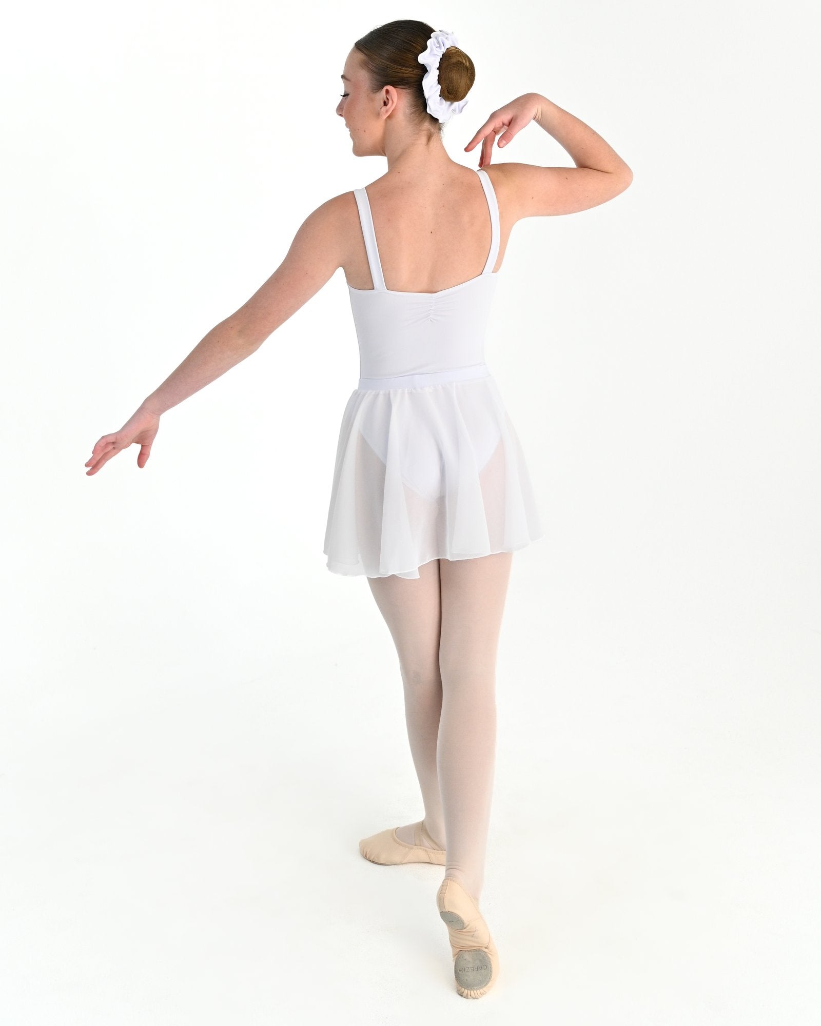 Young dancer wearing the Julietta Chiffon Circle Skirt in White, alternate view