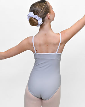 Young dancer wearing the Lillian V-Neck Leotard with Contrast Trim in Grey/White, alternate view