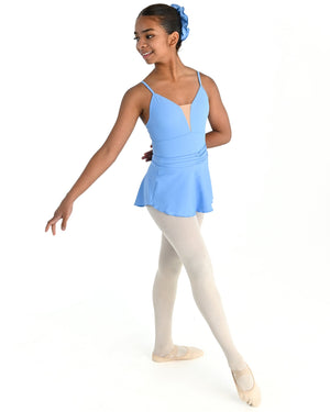 Young dancer wearing the Prima high low pull on ballet skirt in Arctic Blue