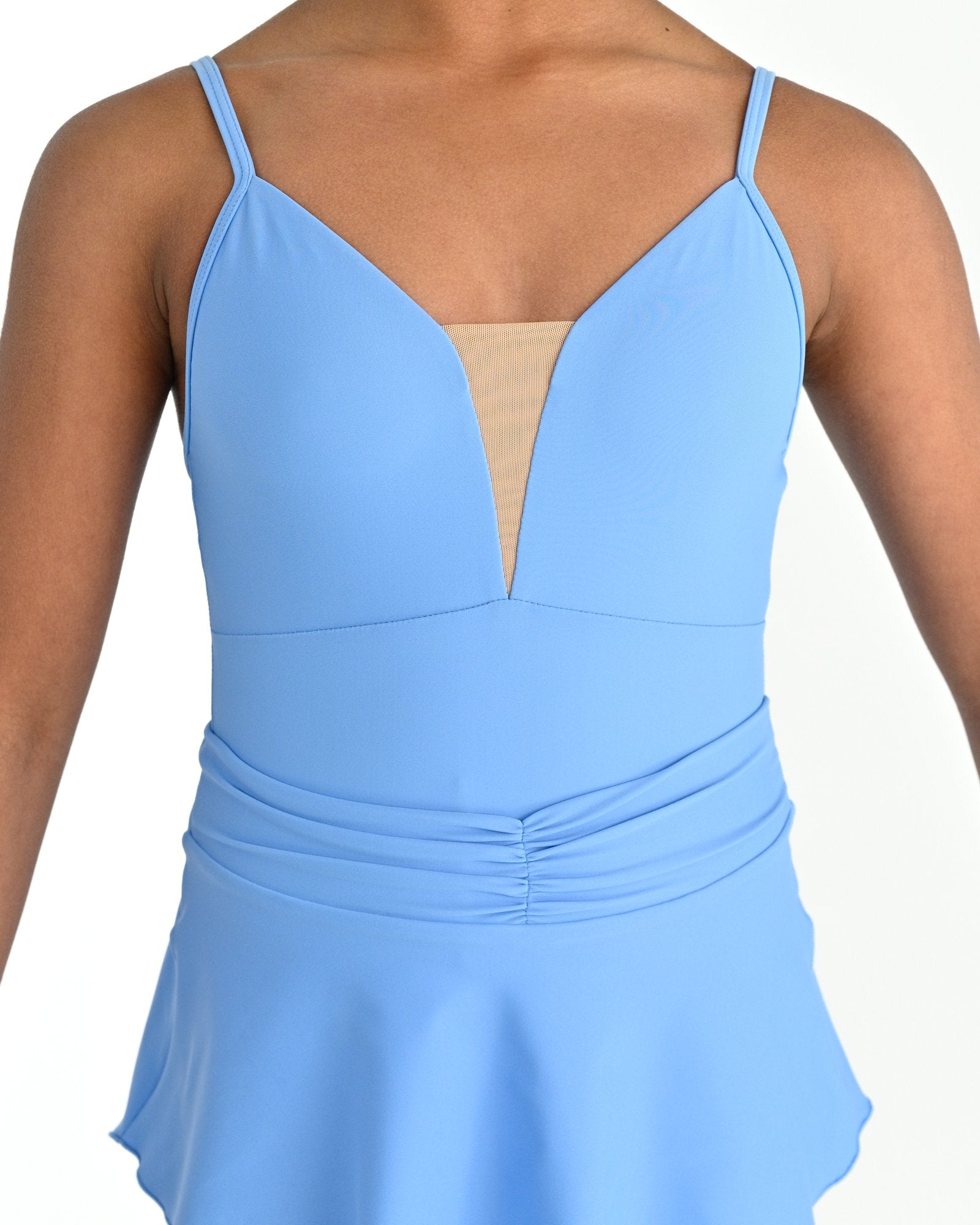 Young dancer wearing the Prima high low pull on ballet skirt in Arctic Blue, alternate view